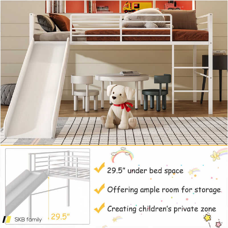 Twin Metal Loft Bed With Slide Safety Guardrails And Built-In Ladder 240615-230951