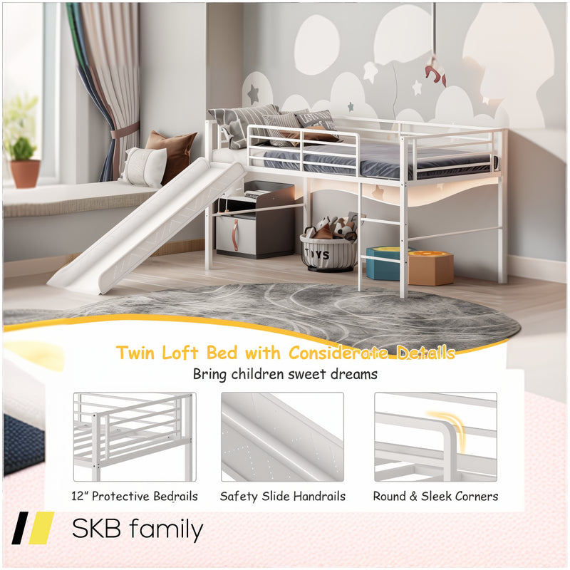 Twin Metal Loft Bed With Slide Safety Guardrails And Built-In Ladder 240615-230951