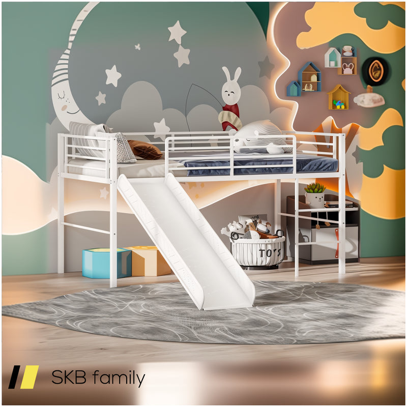 Twin Metal Loft Bed With Slide Safety Guardrails And Built-In Ladder 240615-230951