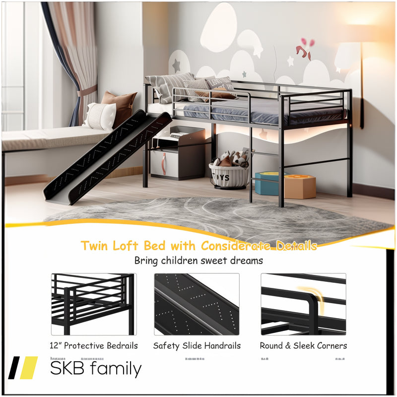 Twin Metal Loft Bed With Slide Safety Guardrails And Built-In Ladder 240615-230951