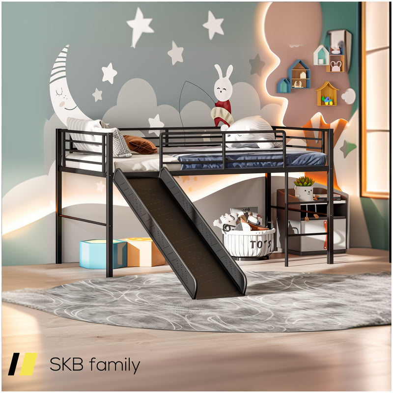 Twin Metal Loft Bed With Slide Safety Guardrails And Built-In Ladder 240615-230951