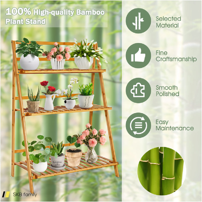 3-Tier Bamboo Foldable Plant Stand With Display Shelf Rack 240615-232695