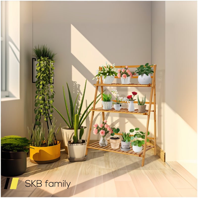 3-Tier Bamboo Foldable Plant Stand With Display Shelf Rack 240615-232695