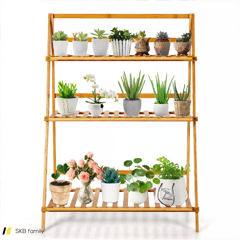 3-Tier Bamboo Foldable Plant Stand With Display Shelf Rack 240615-232695