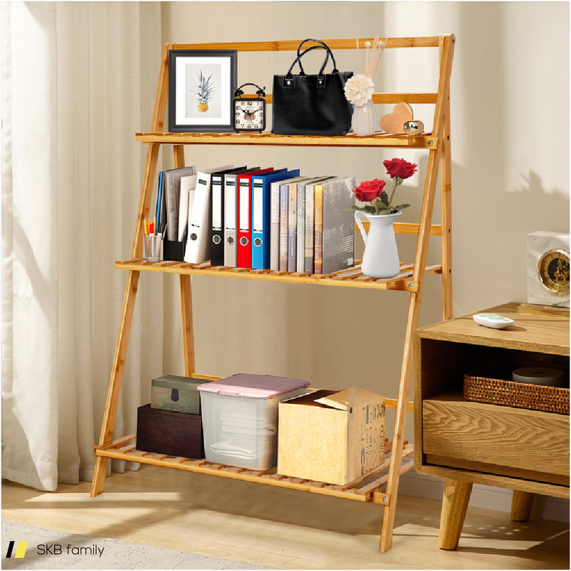 3-Tier Bamboo Foldable Plant Stand With Display Shelf Rack 240615-232695