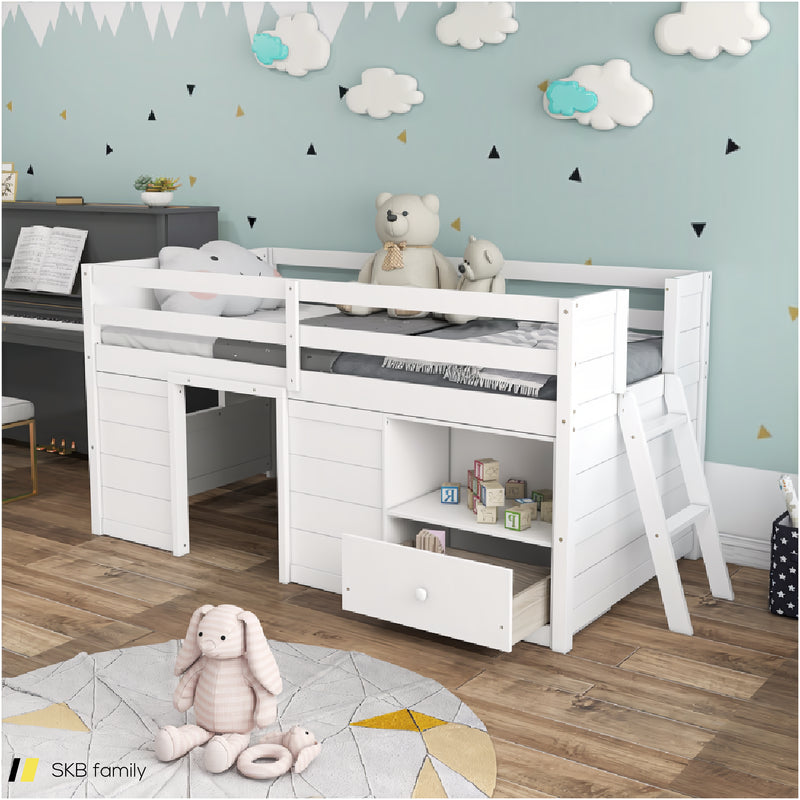 Twin Size Solid Wood Low Loft Bed With Storage And Drawer 240615-232757