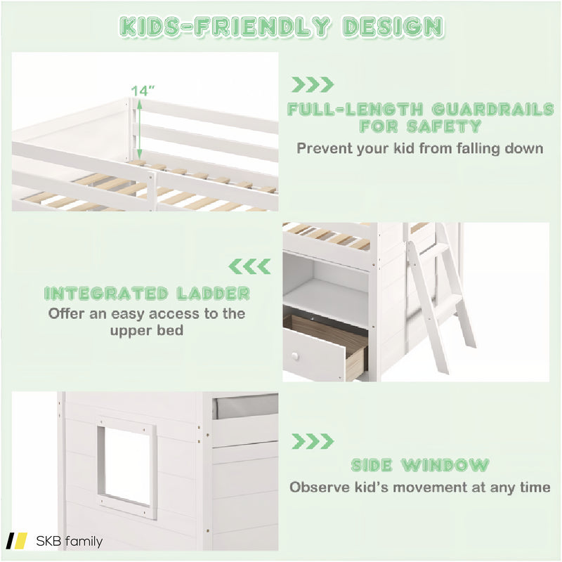 Twin Size Solid Wood Low Loft Bed With Storage And Drawer 240615-232757