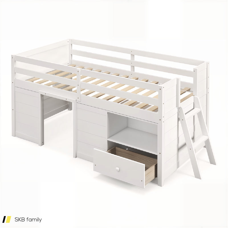 Twin Size Solid Wood Low Loft Bed With Storage And Drawer 240615-232757