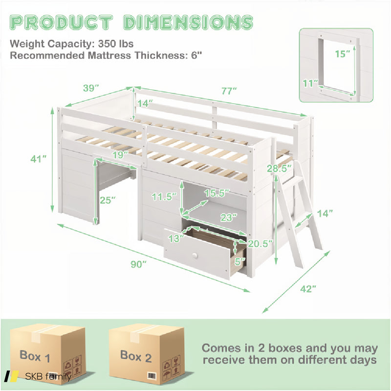 Twin Size Solid Wood Low Loft Bed With Storage And Drawer 240615-232757