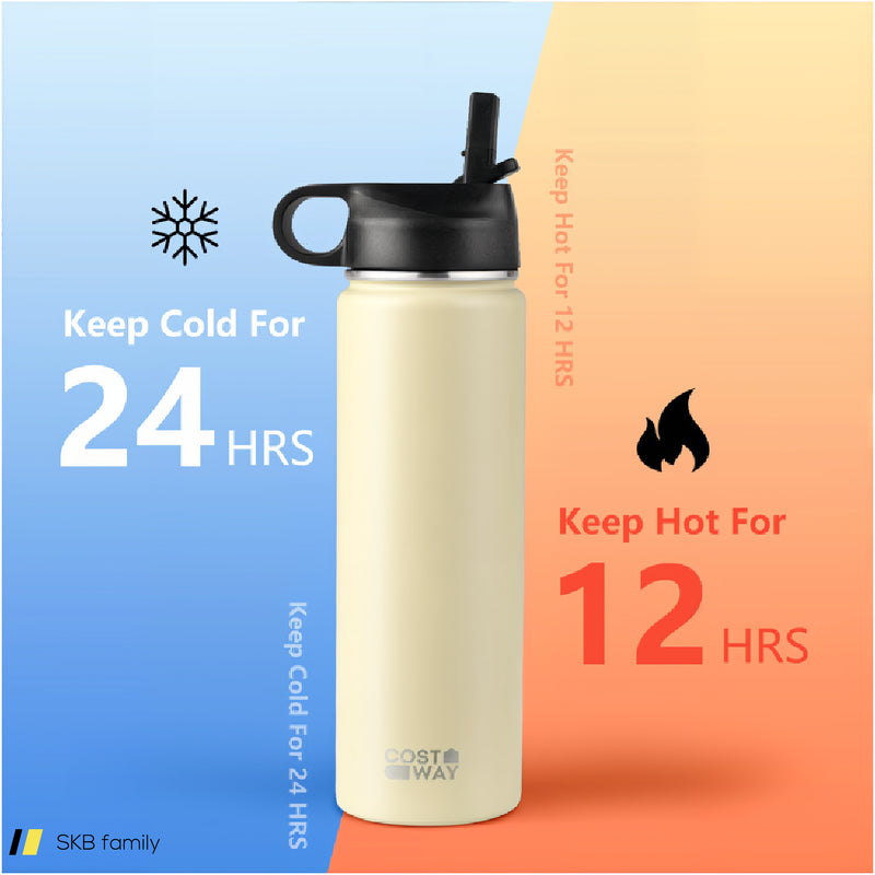 22 Oz Double-Walled Insulated Stainless Steel Water Bottle With 2 Lids And Straw-Beige 240615-232854