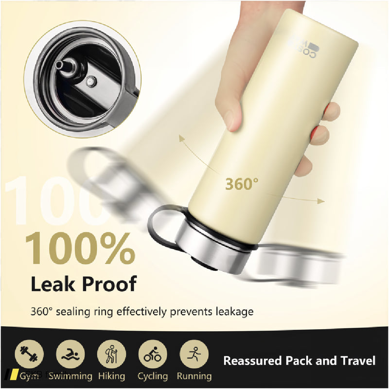 22 Oz Double-Walled Insulated Stainless Steel Water Bottle With 2 Lids And Straw-Beige 240615-232854