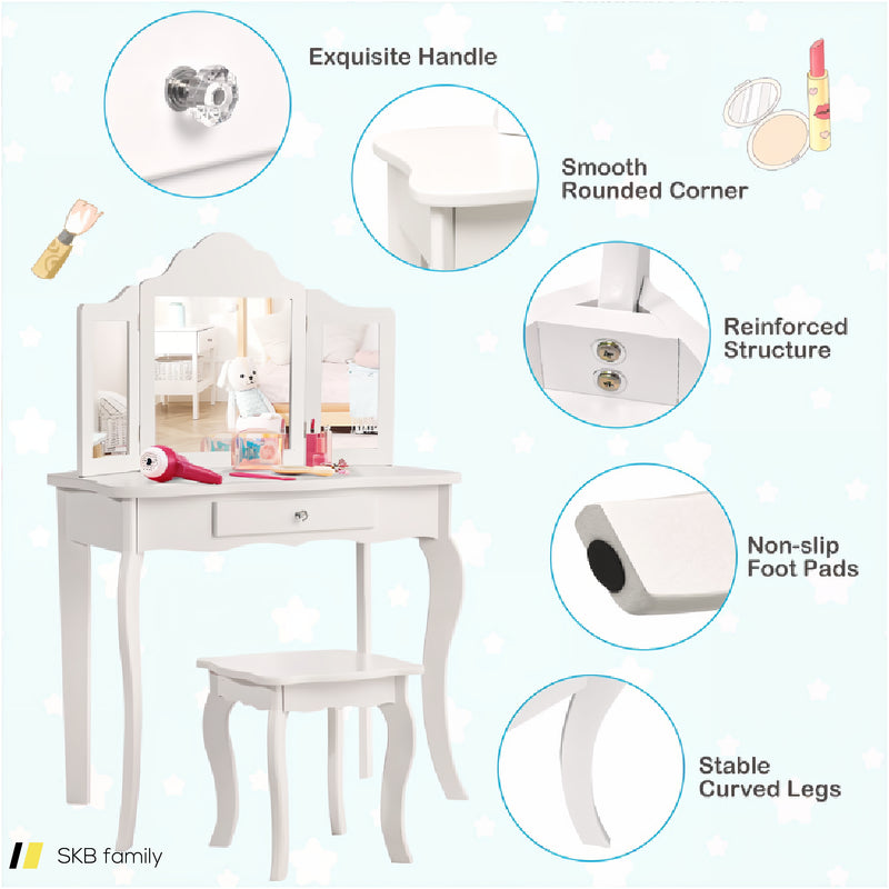 Kids Dressing Vanity Set With Tri-Folding Mirror And Stool 240615-232946