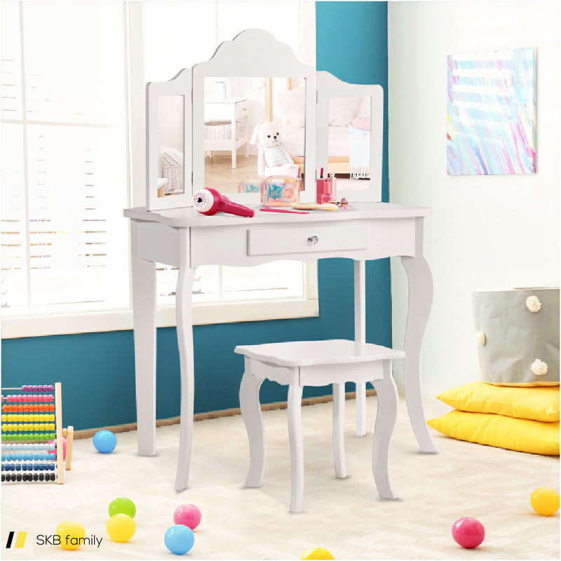 Kids Dressing Vanity Set With Tri-Folding Mirror And Stool 240615-232946