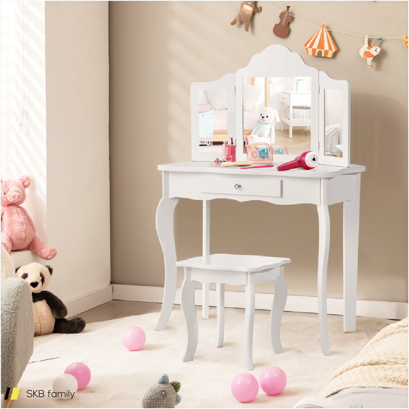 Kids Dressing Vanity Set With Tri-Folding Mirror And Stool 240615-232946