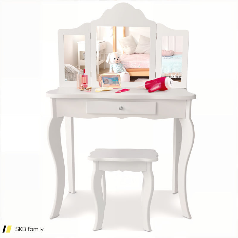 Kids Dressing Vanity Set With Tri-Folding Mirror And Stool 240615-232946