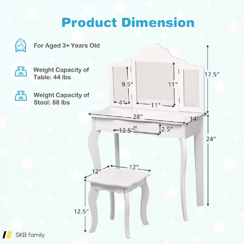 Kids Dressing Vanity Set With Tri-Folding Mirror And Stool 240615-232946