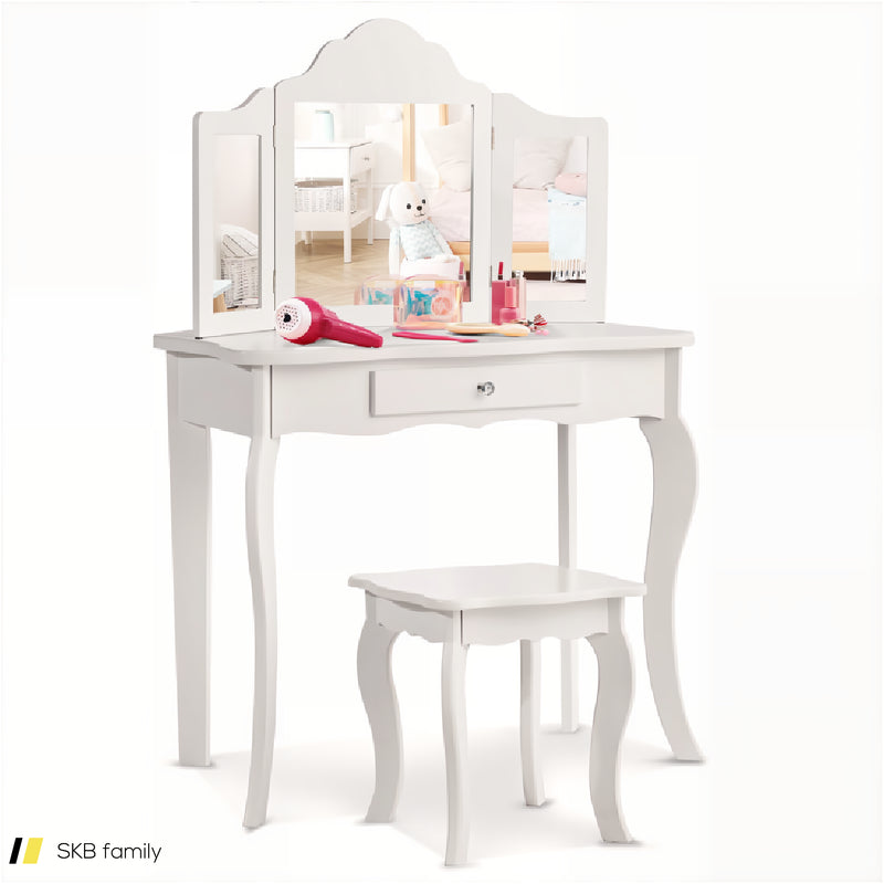 Kids Dressing Vanity Set With Tri-Folding Mirror And Stool 240615-232946