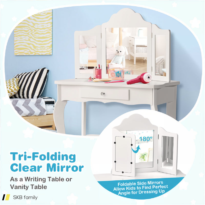 Kids Dressing Vanity Set With Tri-Folding Mirror And Stool 240615-232946