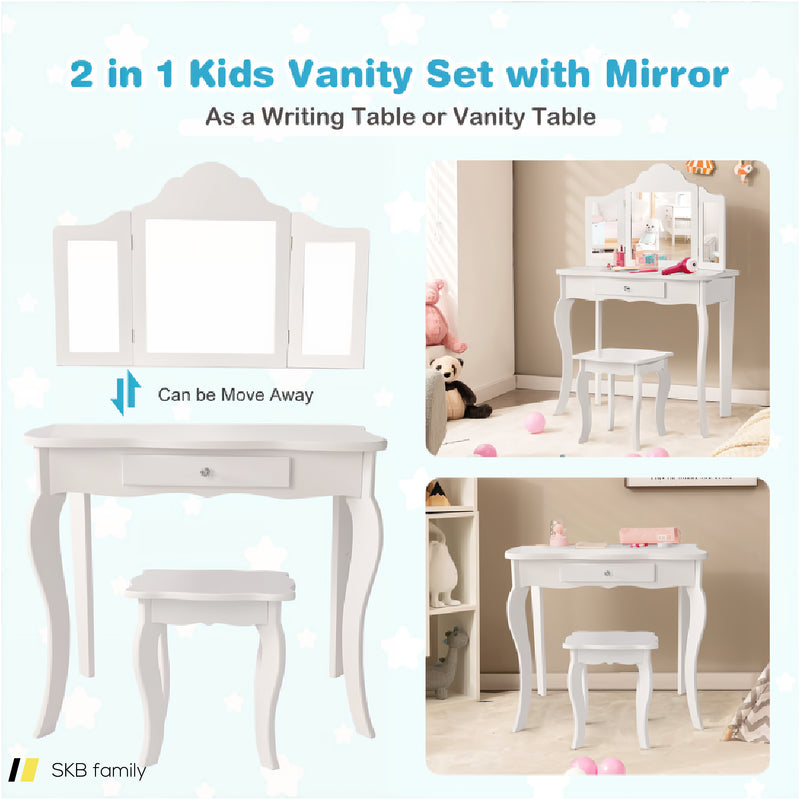 Kids Dressing Vanity Set With Tri-Folding Mirror And Stool 240615-232946