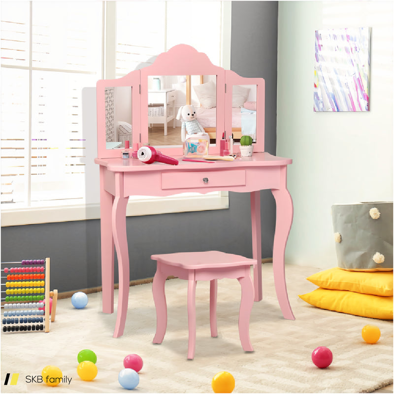 Kids Dressing Vanity Set With Tri-Folding Mirror And Stool 240615-232946