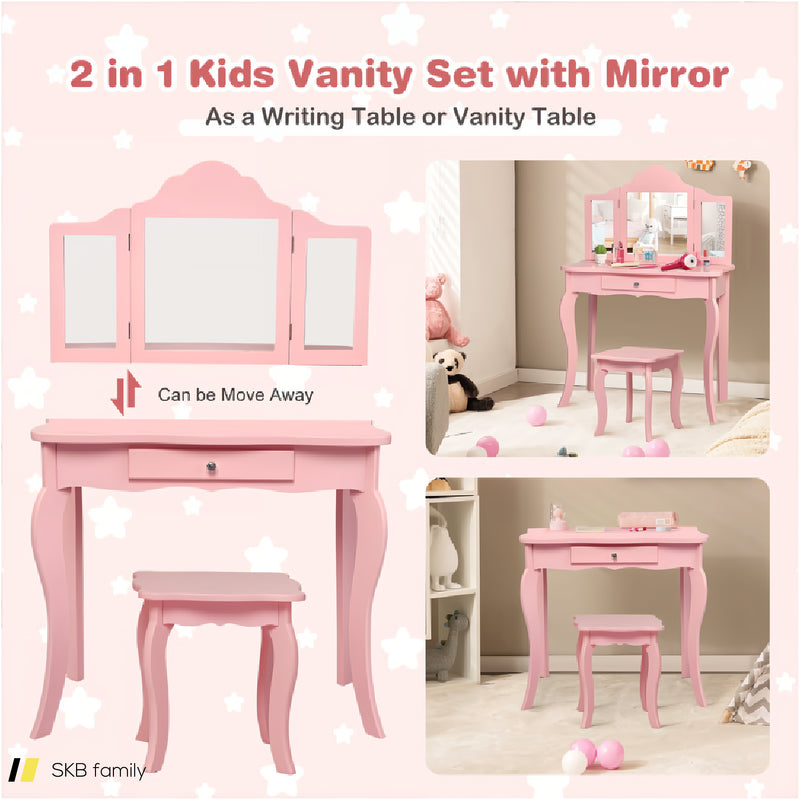 Kids Dressing Vanity Set With Tri-Folding Mirror And Stool 240615-232946