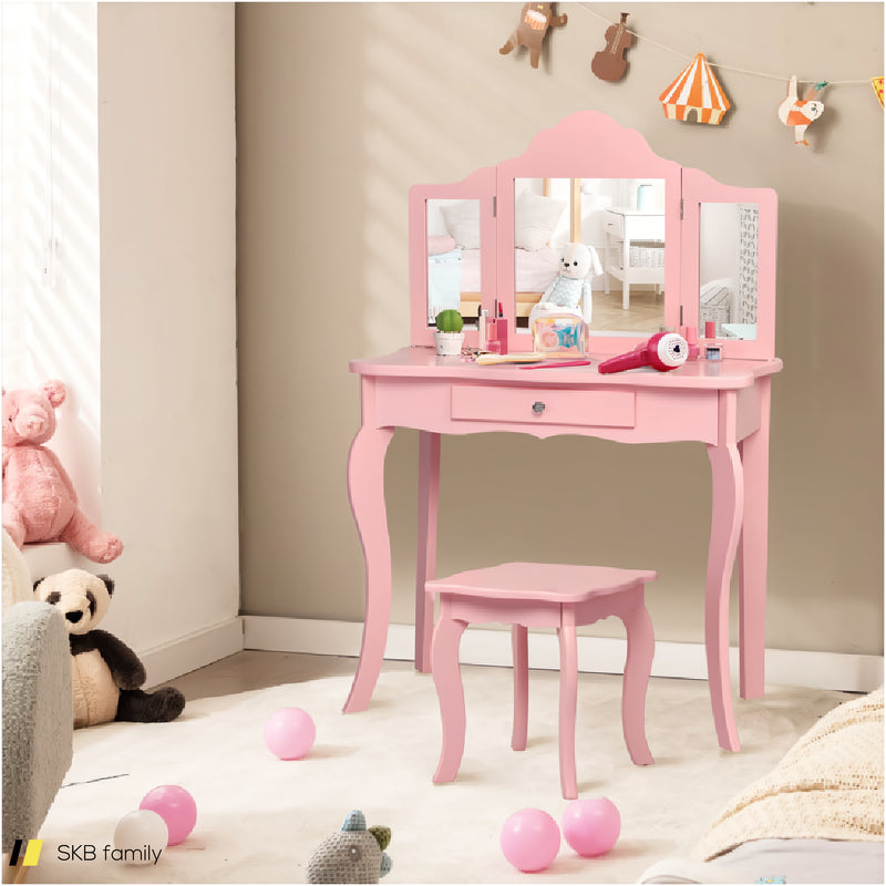 Kids Dressing Vanity Set With Tri-Folding Mirror And Stool 240615-232946