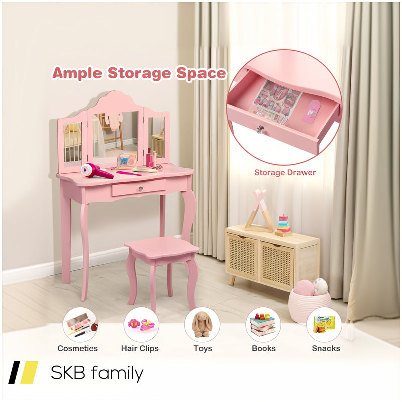 Kids Dressing Vanity Set With Tri-Folding Mirror And Stool 240615-232946