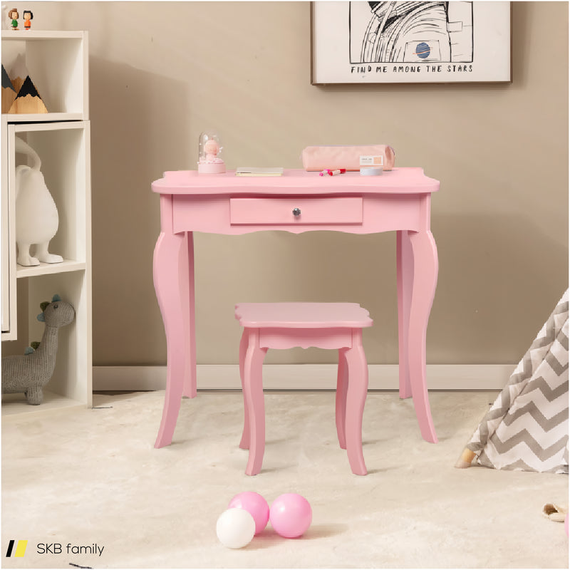 Kids Dressing Vanity Set With Tri-Folding Mirror And Stool 240615-232946