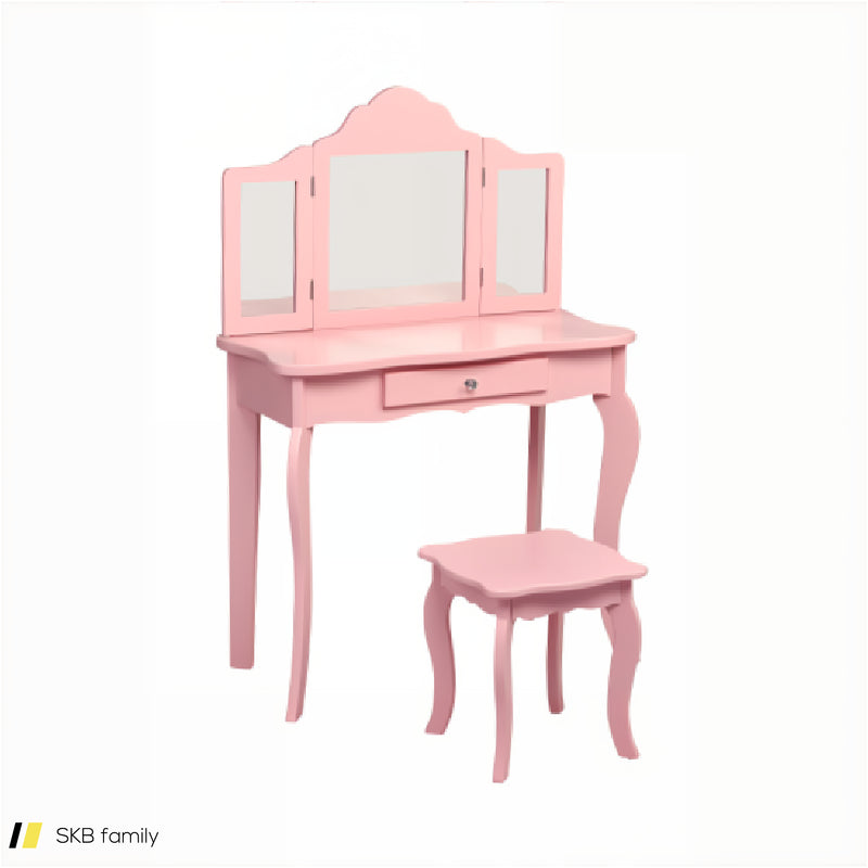 Kids Dressing Vanity Set With Tri-Folding Mirror And Stool 240615-232946