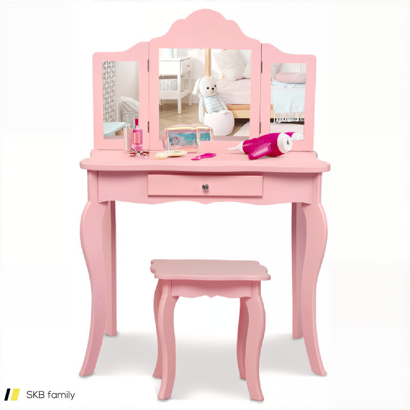 Kids Dressing Vanity Set With Tri-Folding Mirror And Stool 240615-232946