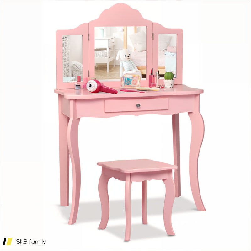 Kids Dressing Vanity Set With Tri-Folding Mirror And Stool 240615-232946