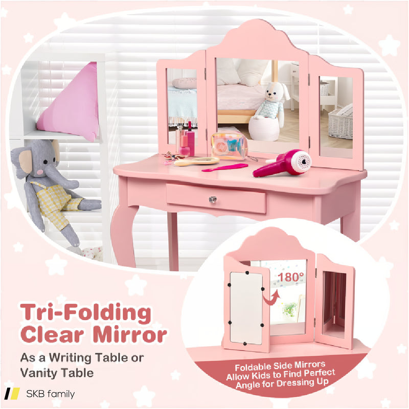 Kids Dressing Vanity Set With Tri-Folding Mirror And Stool 240615-232946