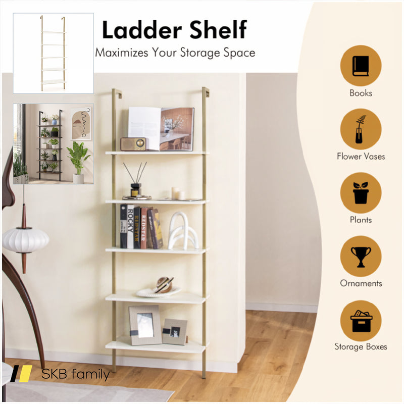 5 Tier Ladder Shelf Wall-Mounted Bookcase With Steel Frame 240115-214286