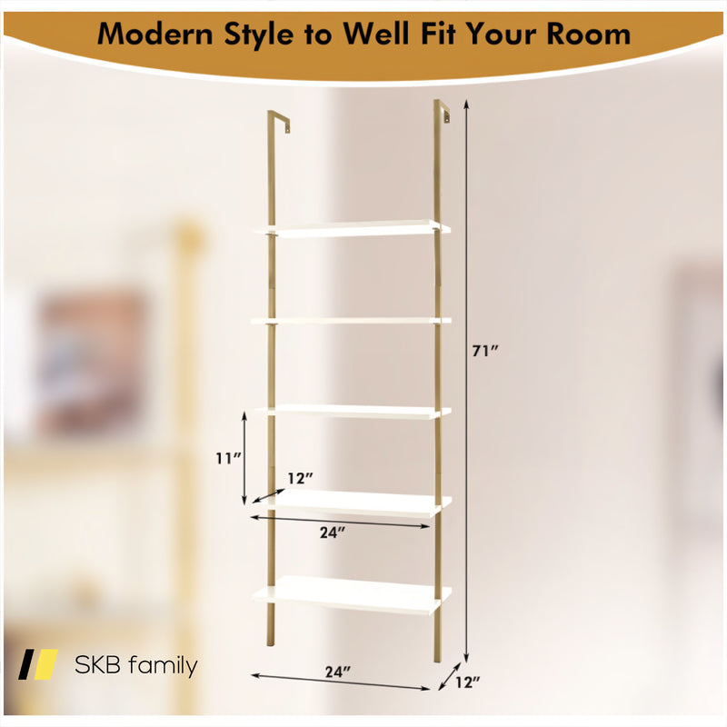 5 Tier Ladder Shelf Wall-Mounted Bookcase With Steel Frame 240115-214286