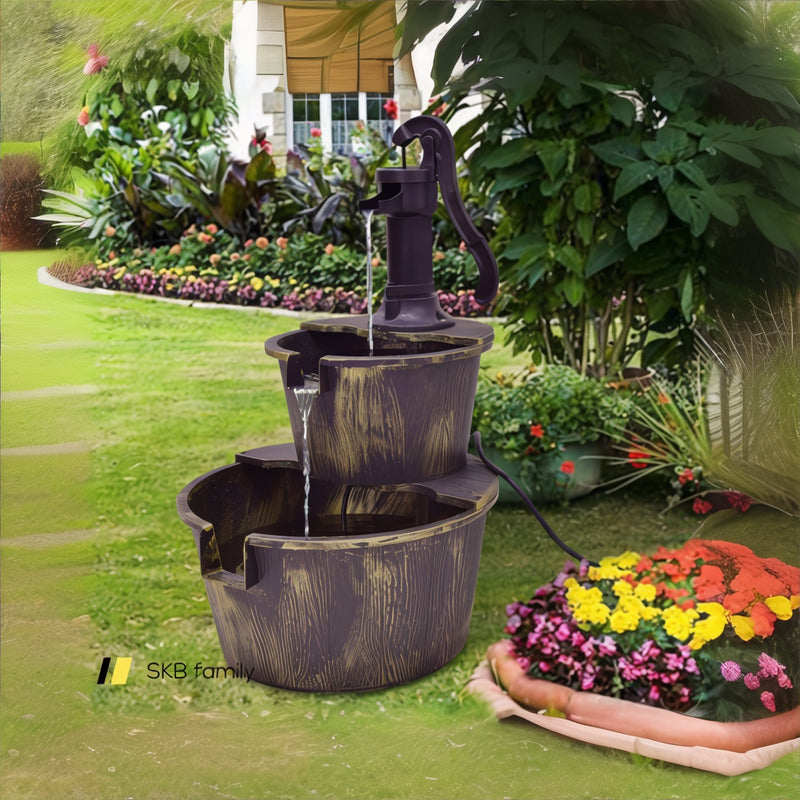 2 Tiers Outdoor Barrel Waterfall Fountain With Pump 240115-215032