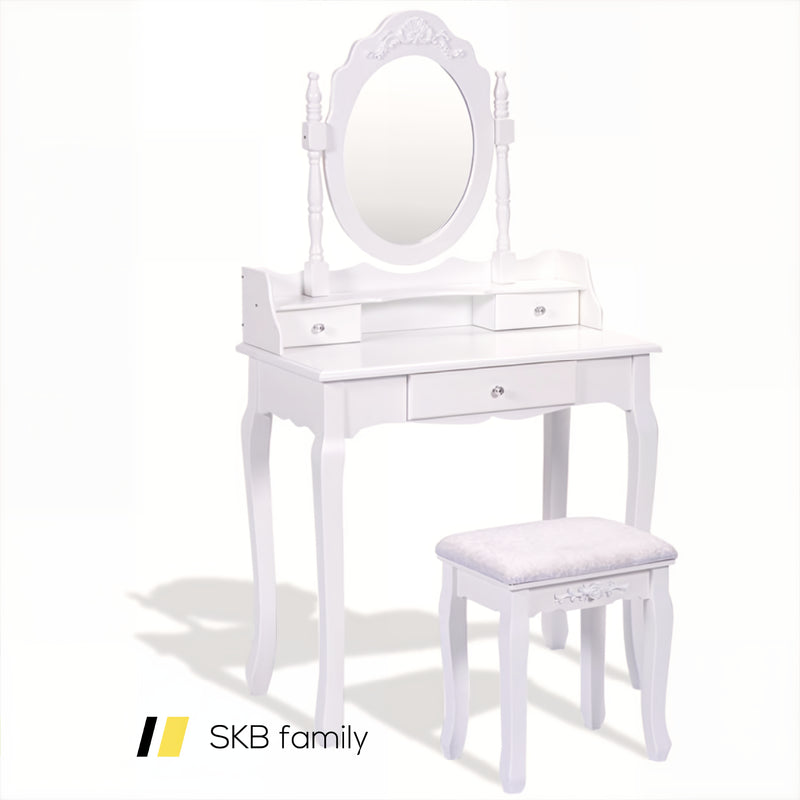 Vanity Table Set With Cushioned Stool With 360° Rotating Oval Mirror And Three Drawers 240115-215096