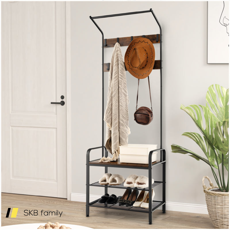 3-In-1 Industrial Hall Tree Coat Rack Shoe Bench With Storage Shelf And 9 Hooks 240115-215224