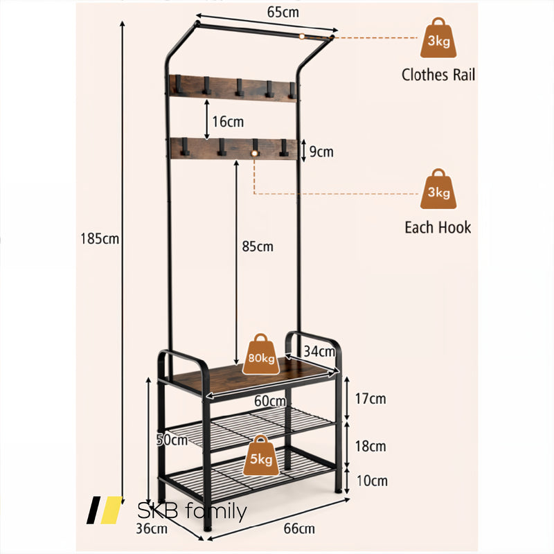 3-In-1 Industrial Hall Tree Coat Rack Shoe Bench With Storage Shelf And 9 Hooks 240115-215224