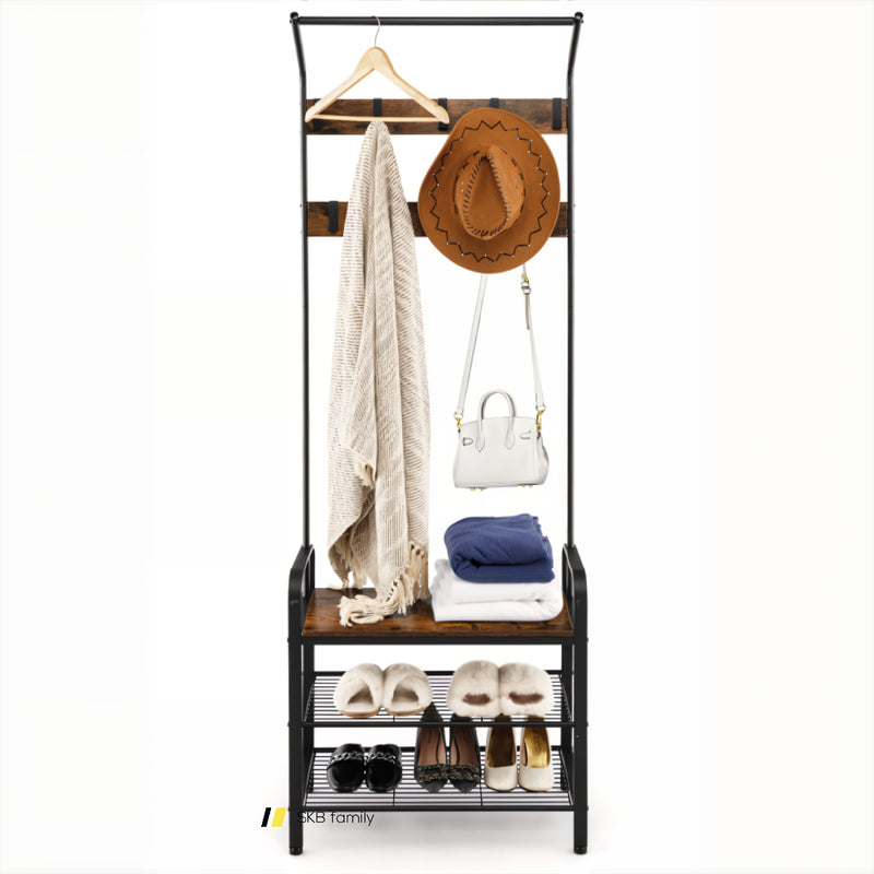 3-In-1 Industrial Hall Tree Coat Rack Shoe Bench With Storage Shelf And 9 Hooks 240115-215224