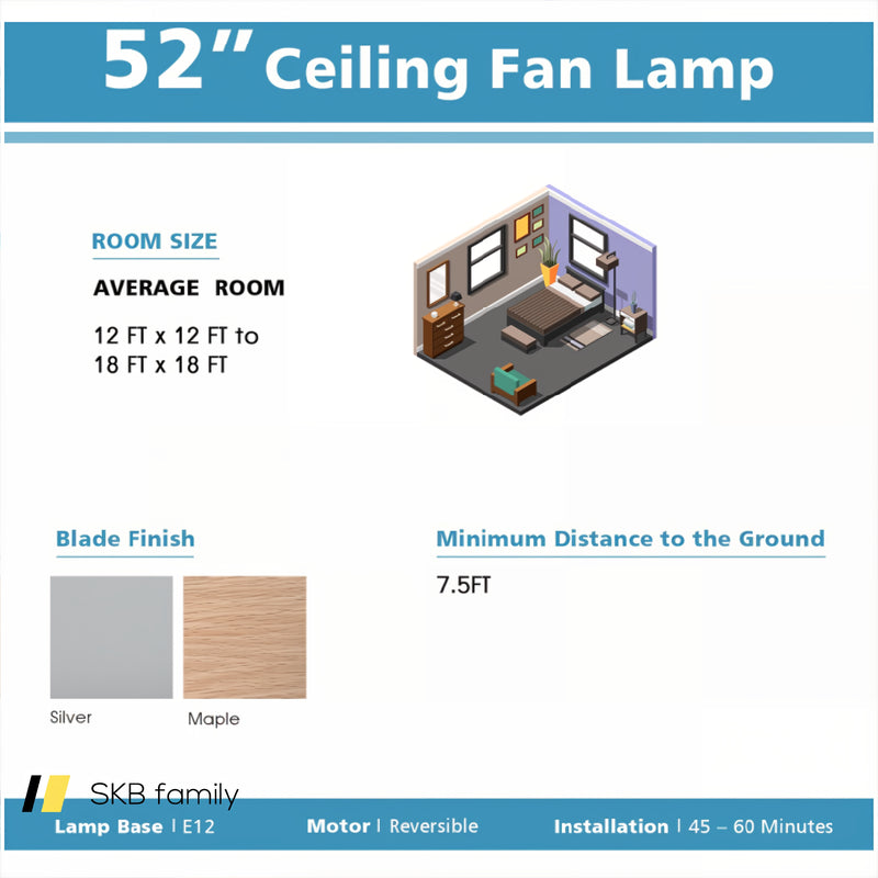 52 Inches Ceiling Fan With Wooden Blades And Remote Control 240115-215490