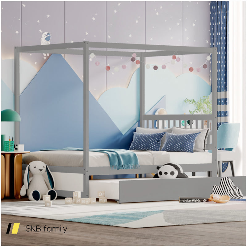 Full Size Canopy Bed Frame With Trundle And Headboard For Kids 240115-215513