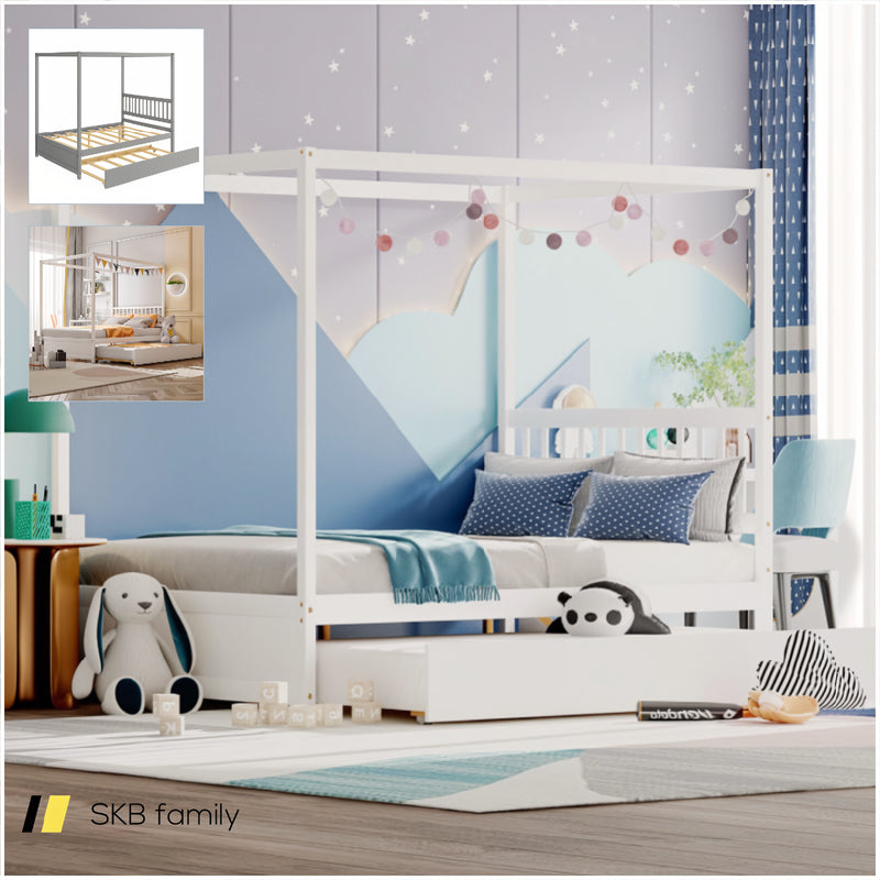 Full Size Canopy Bed Frame With Trundle And Headboard For Kids 240115-215513