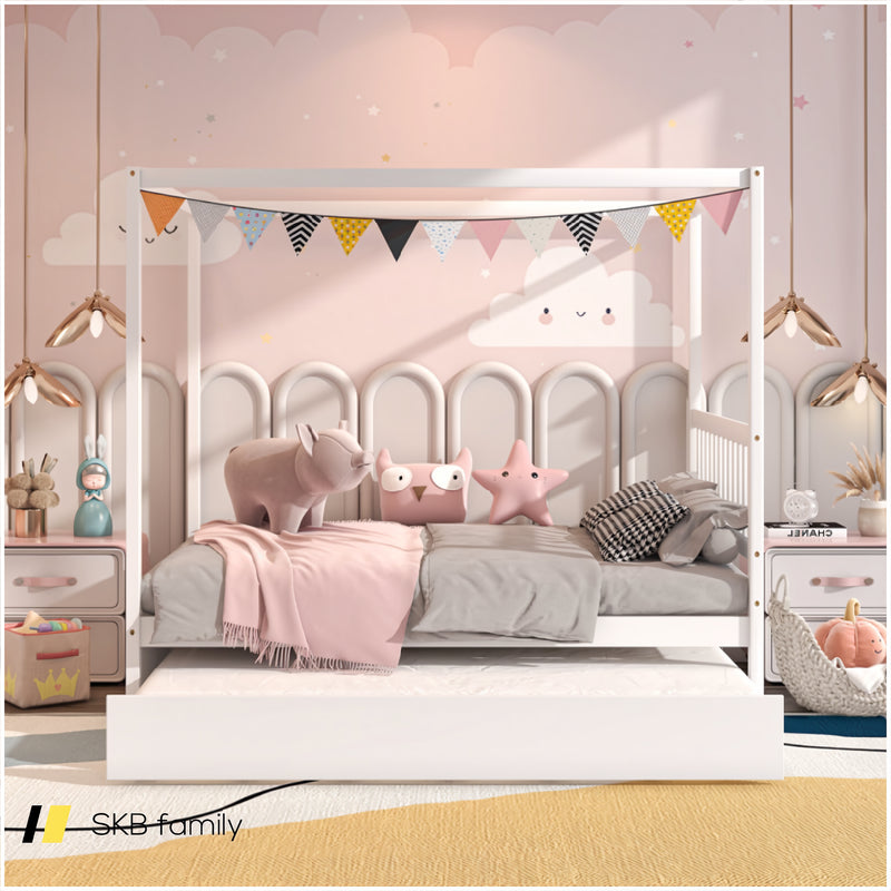 Full Size Canopy Bed Frame With Trundle And Headboard For Kids 240115-215513