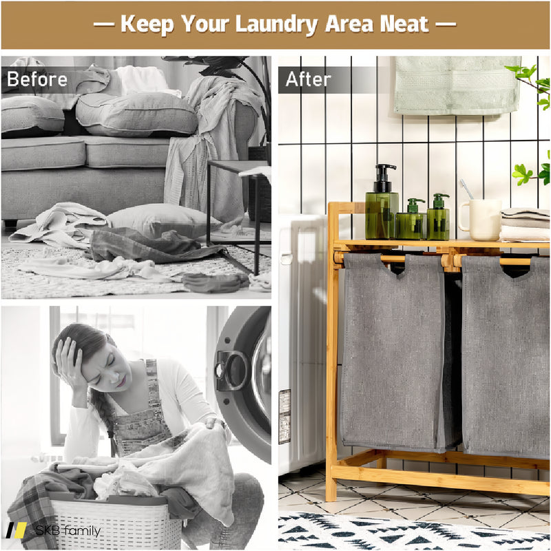 Bamboo Laundry Hamper With Dual Compartments Laundry Sorter And Sliding Bags 240515-229066