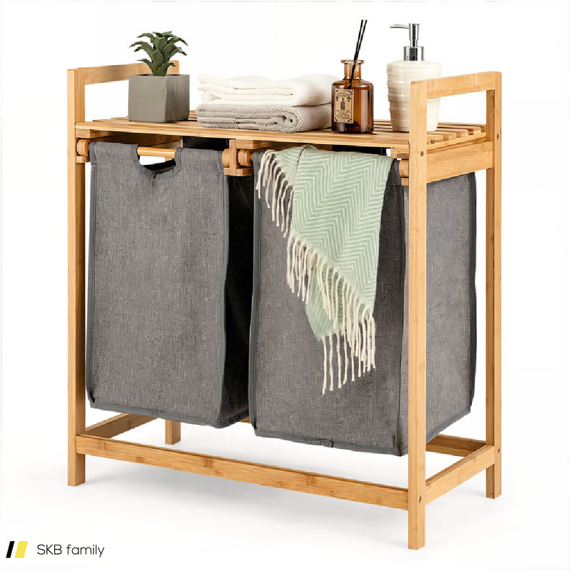 Bamboo Laundry Hamper With Dual Compartments Laundry Sorter And Sliding Bags 240515-229066