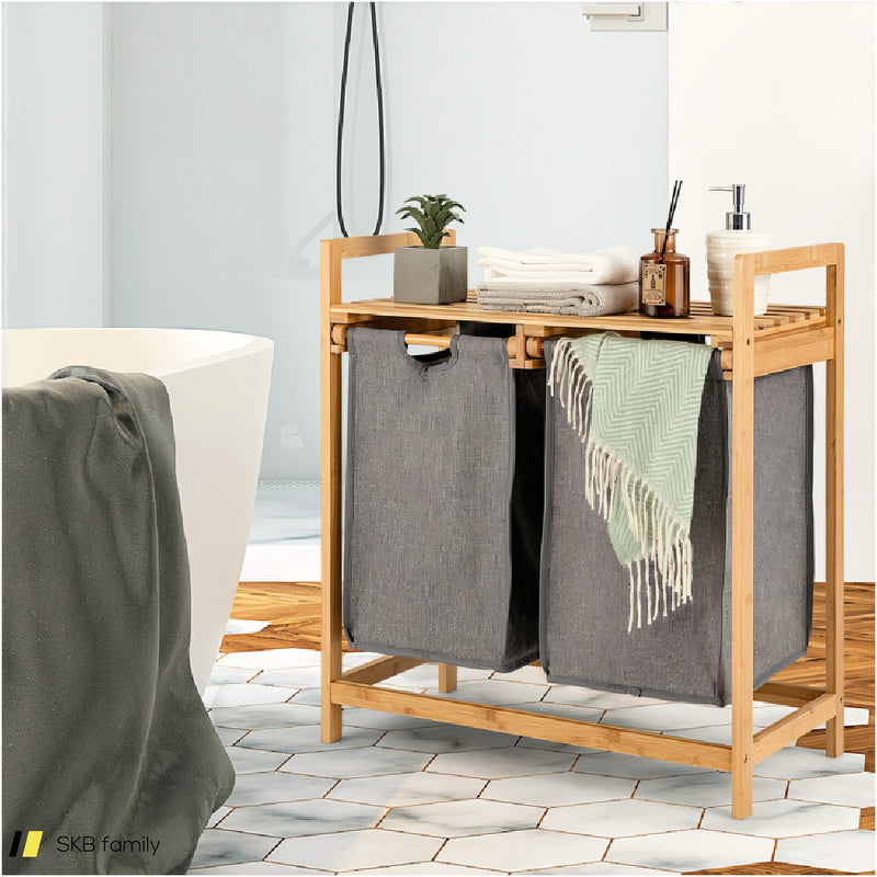 Bamboo Laundry Hamper With Dual Compartments Laundry Sorter And Sliding Bags 240515-229066