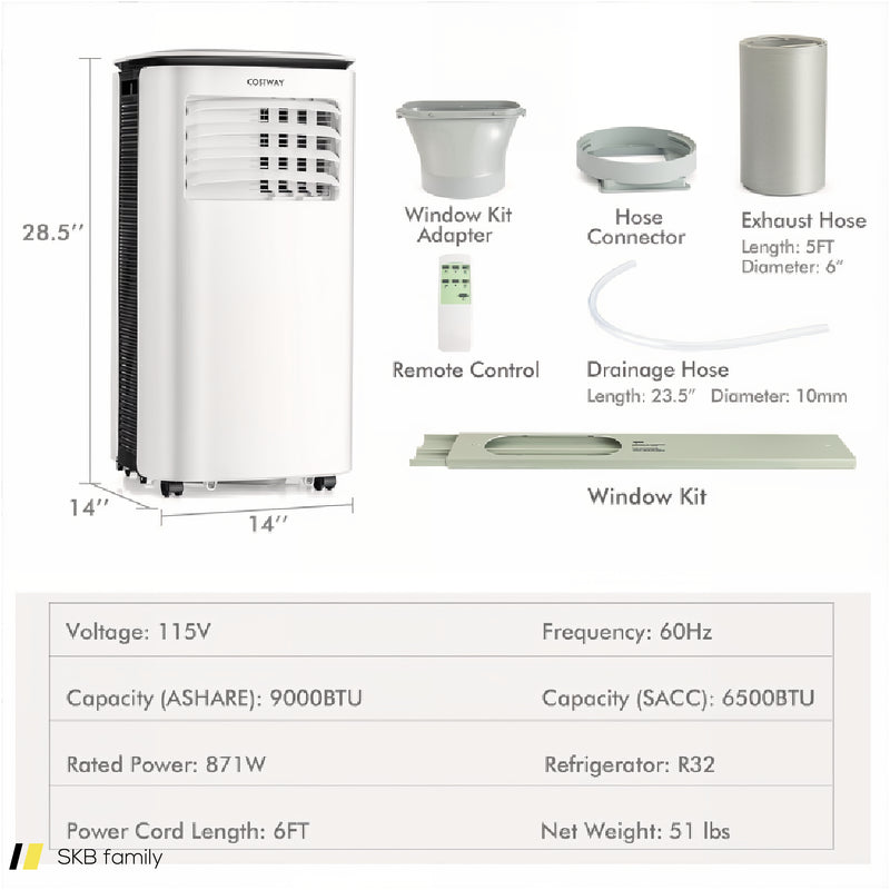 9000 Btu(Ashrae) Portable Air Conditioner With Fan And Dehumidifier 240515-229069