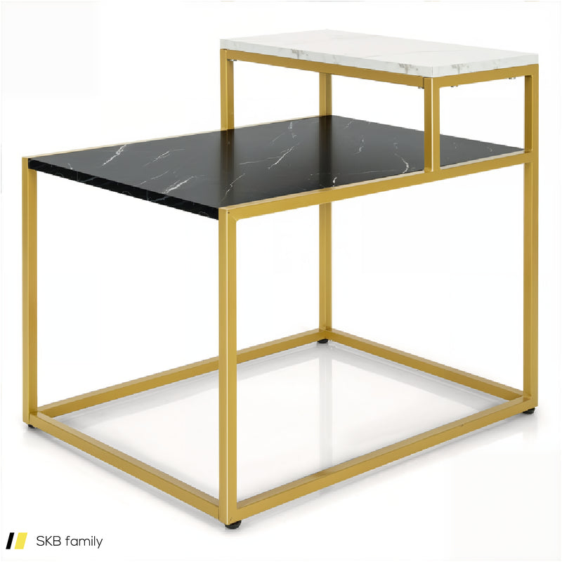 2-Tier Side Table With Metal Frame And Marble Finish Tabletop For Living Room 240515-229071