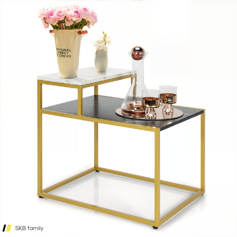 2-Tier Side Table With Metal Frame And Marble Finish Tabletop For Living Room 240515-229071