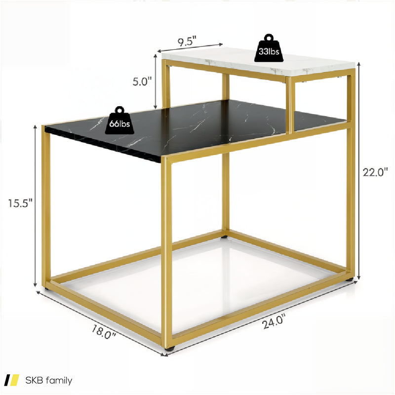 2-Tier Side Table With Metal Frame And Marble Finish Tabletop For Living Room 240515-229071